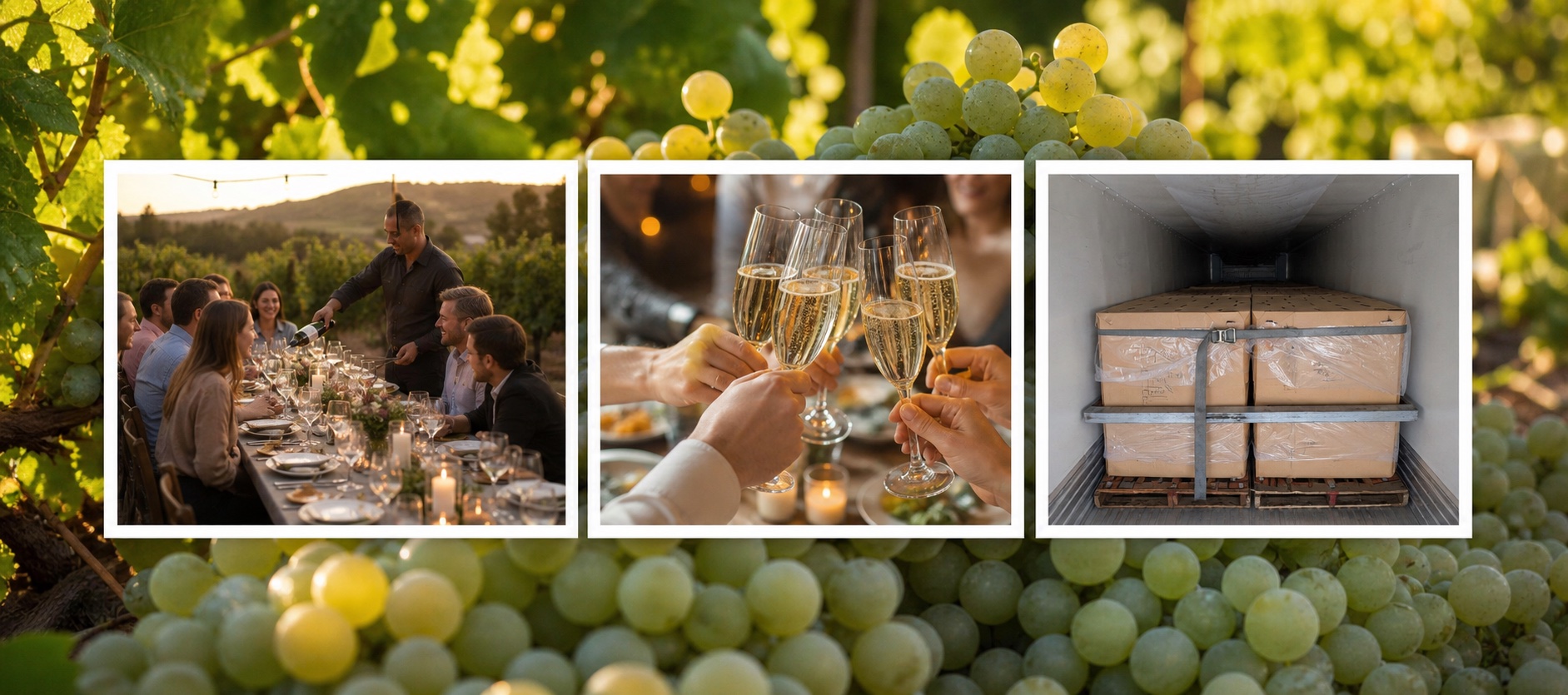 Winery dinner, sparkling wine toast, and palletized grape lugs inside a refrigerated trailer
