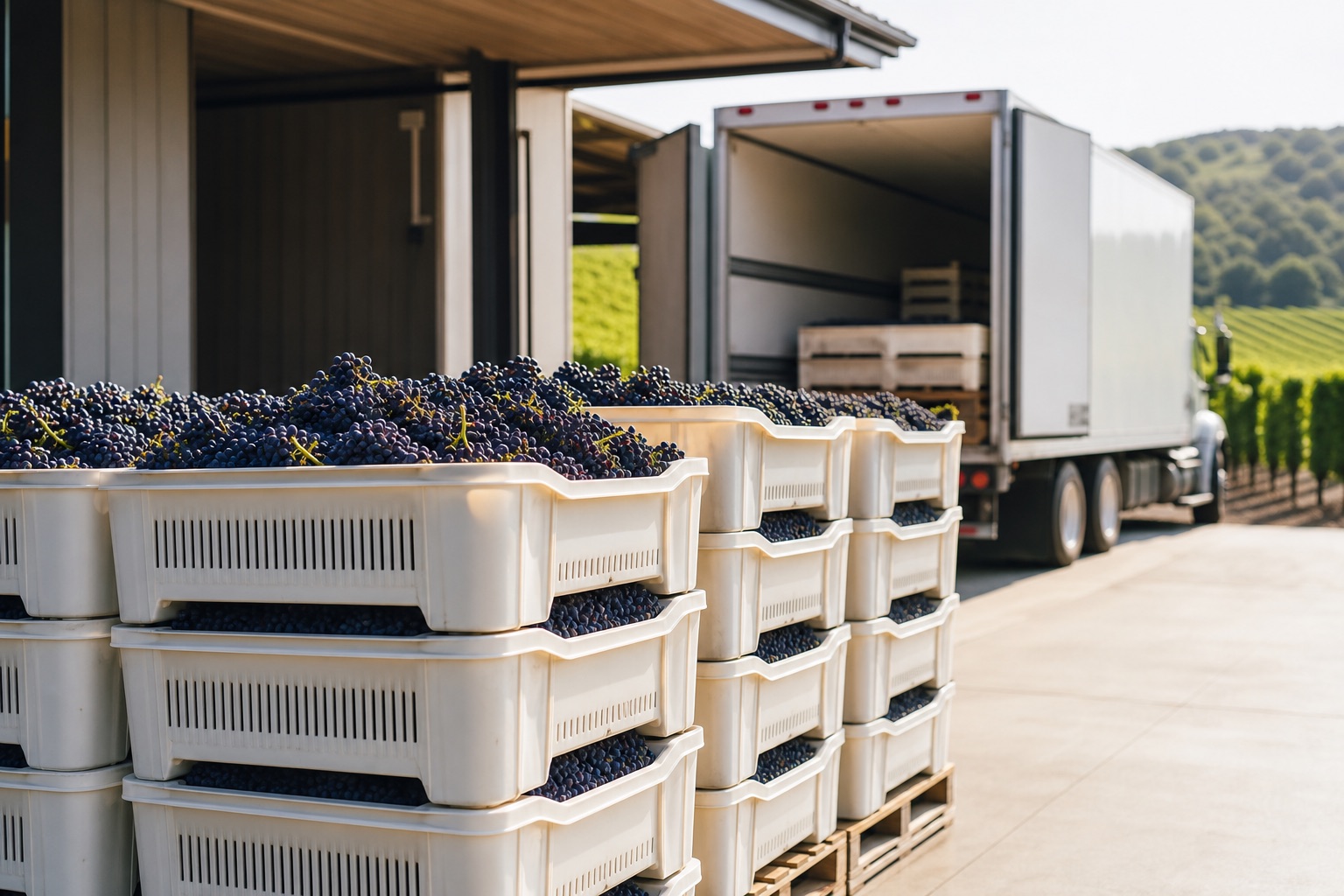 Winegrapes packed in harvest lugs for refrigerated delivery